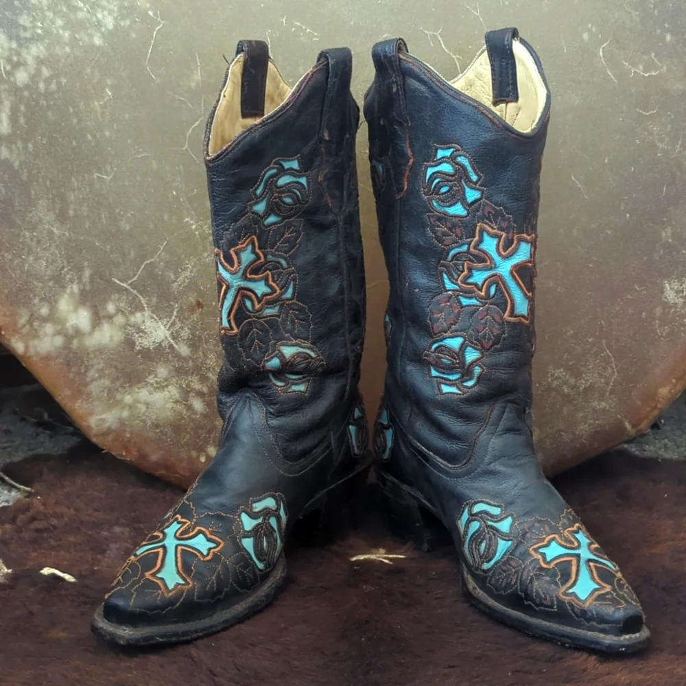 CORRAL R2482 Espresso brown & turquoise inlay crosses & roses cowgirl boots sz 7 - Picture 6 of 16